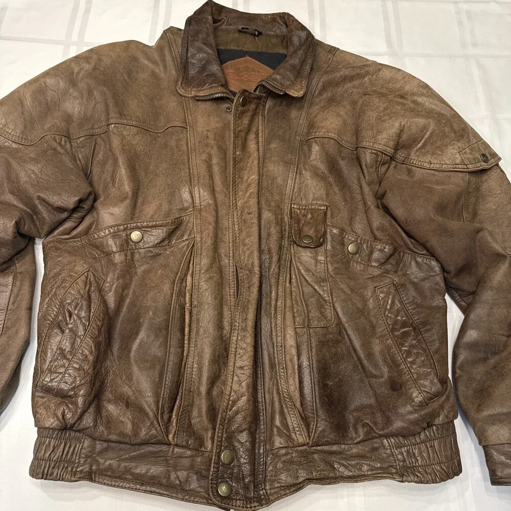 Vintage Weekends Men's Brown Leather Full-Zip Bomber Jacket Size M